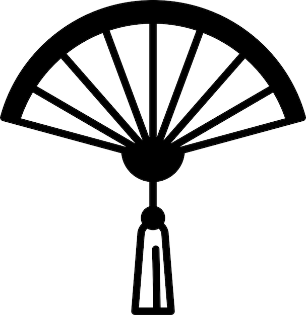 Vector black and white drawing of a fan with a long thin tassel