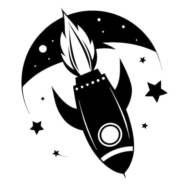 a black and white drawing of a feather on a moon with stars and stars