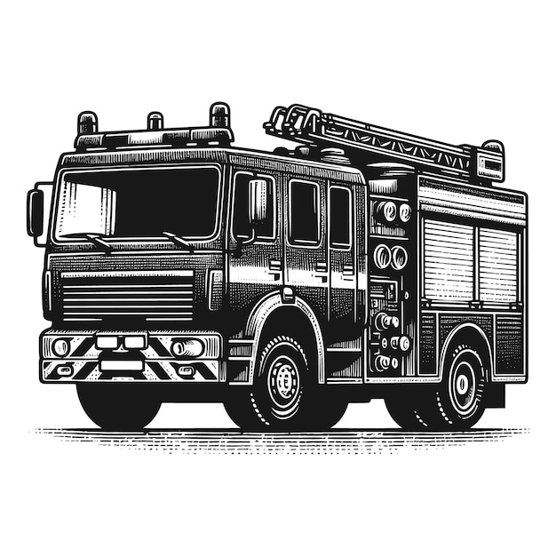 a black and white drawing of a fire engine