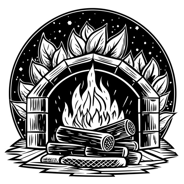 Vector a black and white drawing of a fire place with a fire in it