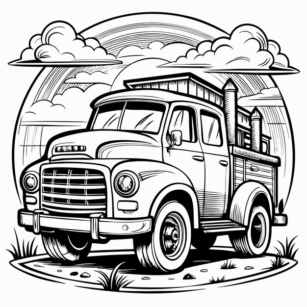 Vector a black and white drawing of a fire truck with the word  fire  on it