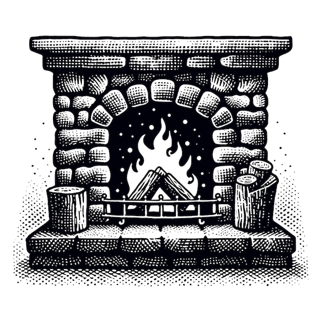 a black and white drawing of a fireplace with a fireplace and a fireplace with a fireplace in it