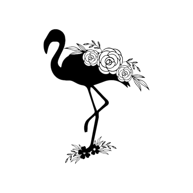 A black and white drawing of a flamingo with roses on it.