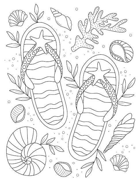 A black and white drawing of flip flops and shells.