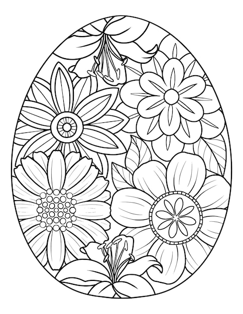 A black and white drawing of a floral egg with flowers and leaves hand drawn coloring page