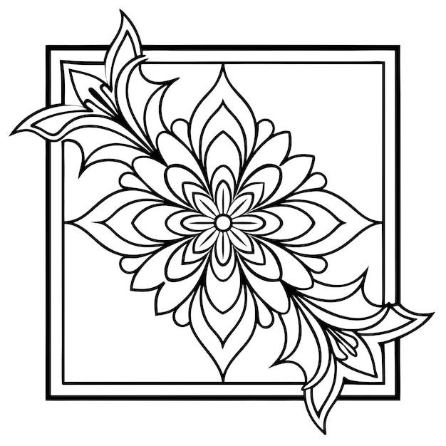 a black and white drawing of a flower with a white border