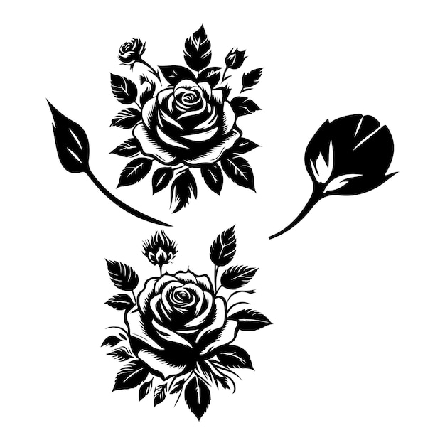 a black and white drawing of flowers and leaves