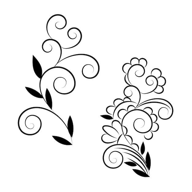 A black and white drawing of flowers and leaves.