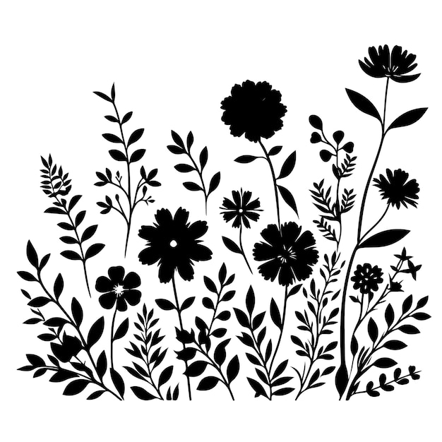 a black and white drawing of flowers and plants with black and white flowers