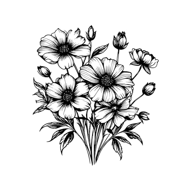 A black and white drawing of flowers on a white background