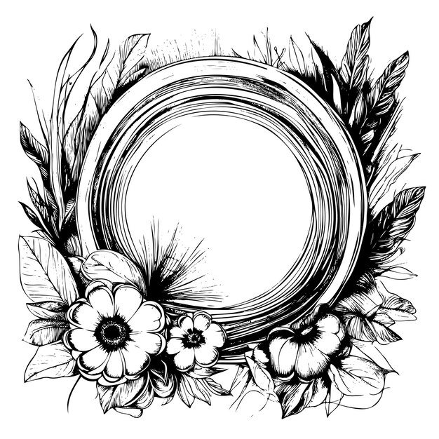 Vector a black and white drawing of a flowery border with a circle in the middle