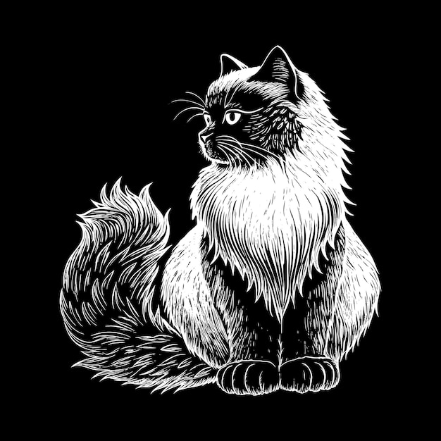 a black and white drawing of a fluffy cat with a fluffy tail