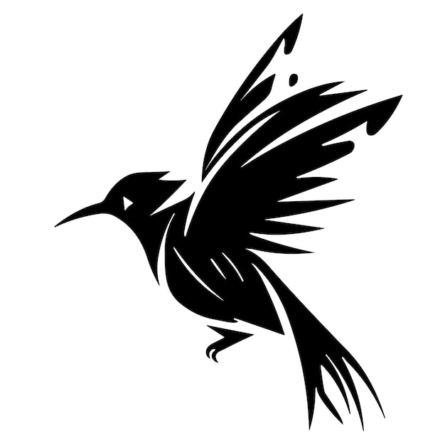 A black and white drawing of a flying bird.