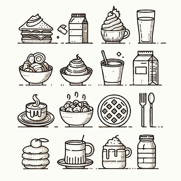 a black and white drawing of food and a can of food