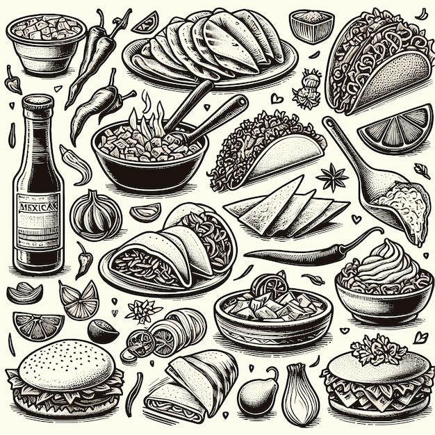 a black and white drawing of food including a bottle of the brand name deli