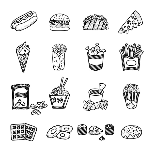 a black and white drawing of food including a variety of food