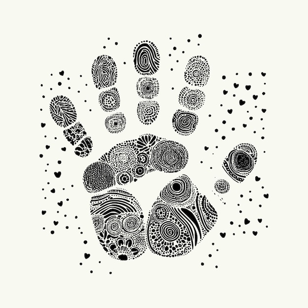 Vector a black and white drawing of a foot print with a black and white background handprint design