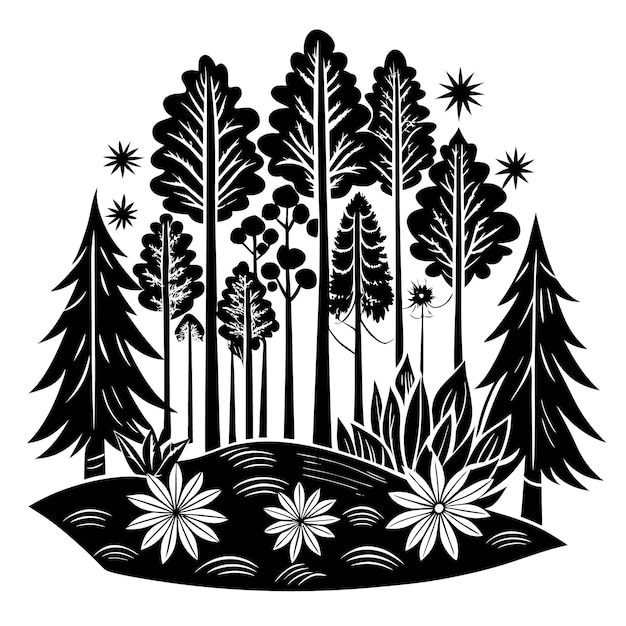 a black and white drawing of a forest with trees and grass