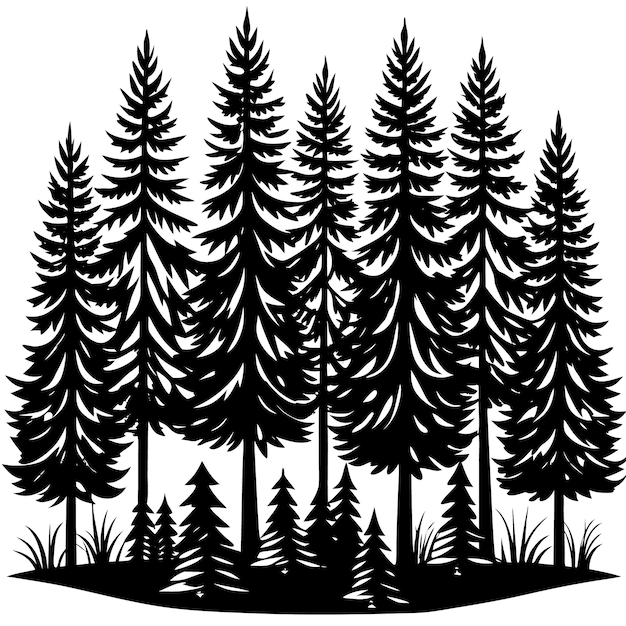 a black and white drawing of a forest with trees on it