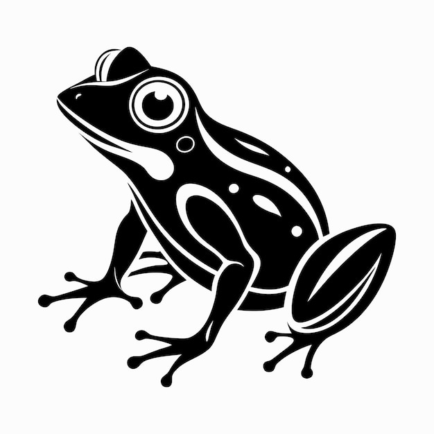 A black and white drawing of a frog with a white background