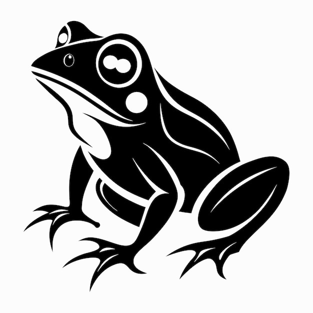 A black and white drawing of a frog with a white background