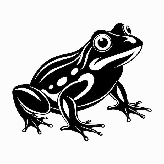 A black and white drawing of a frog with a white background