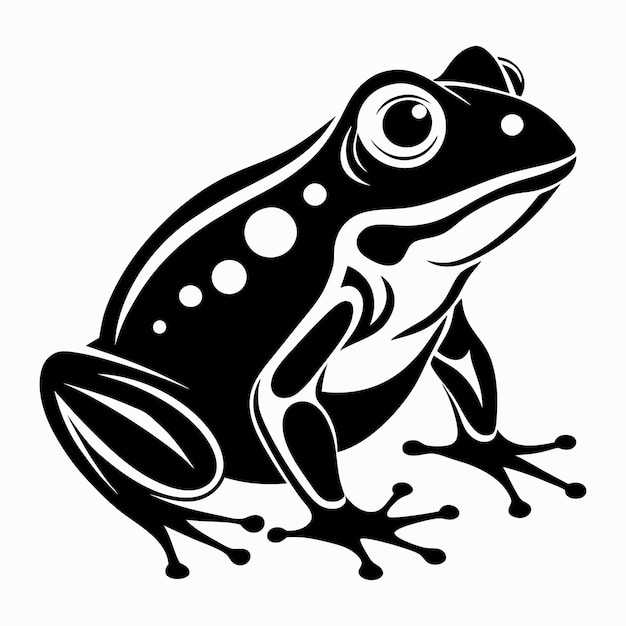 A black and white drawing of a frog with a white background