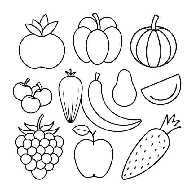 a black and white drawing of fruits including a banana strawberry and apple