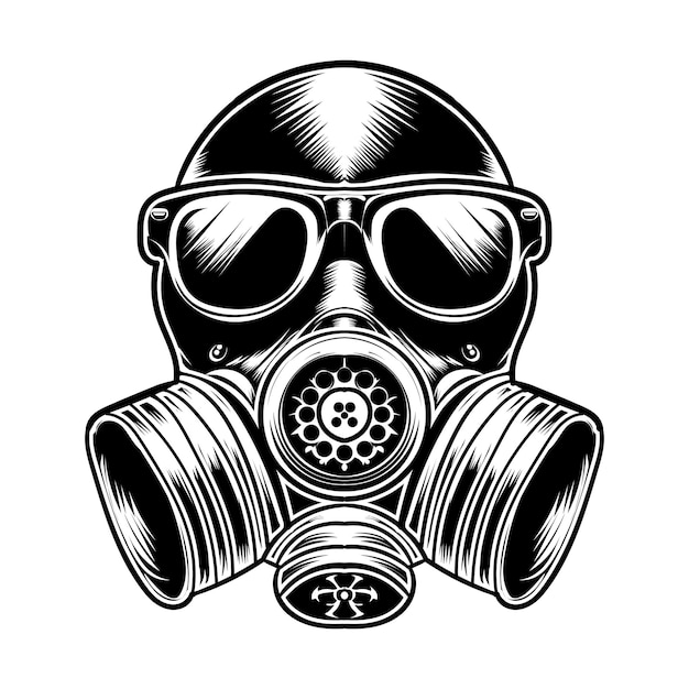 A black and white drawing of a gas mask and goggles vector illustration design