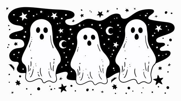 Vector a black and white drawing of a ghost and a moon with a black background