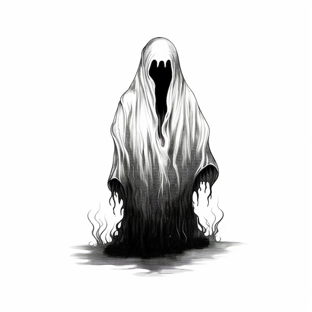 a black and white drawing of a ghost with a white background