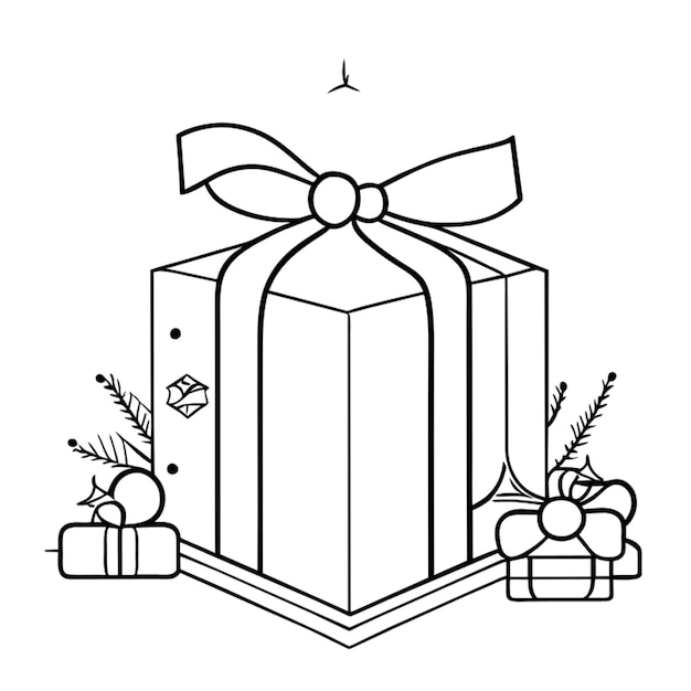 Vector a black and white drawing of a gift box with a bow and a star on it