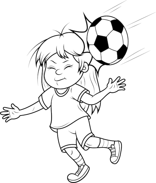 a black and white drawing of a girl playing soccer with a soccer ball