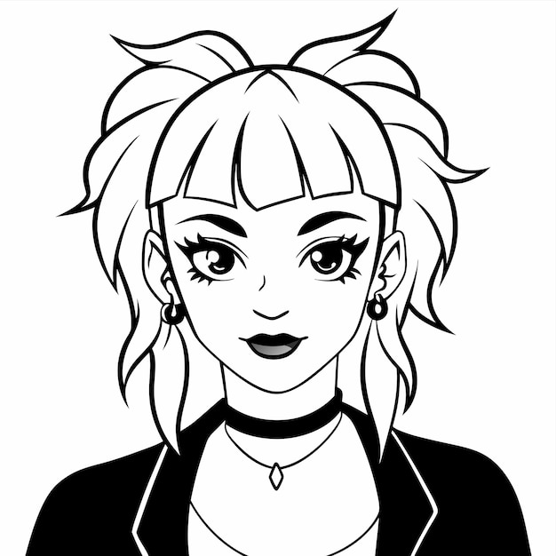 a black and white drawing of a girl with a haircut