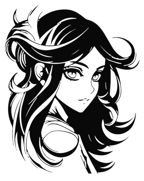 A black and white drawing of a girl with long hair.