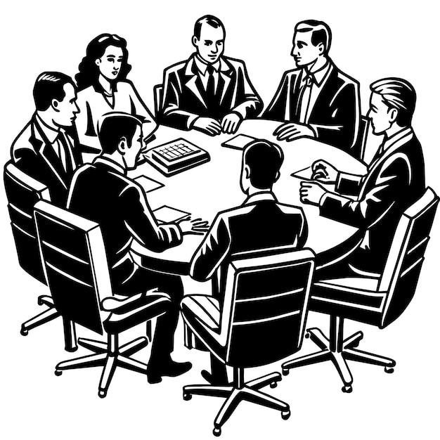 a black and white drawing of a group of business people around a table