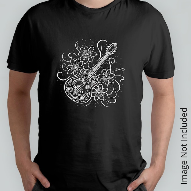 Vector a black and white drawing of a guitar and flowers print ready and t shirt design