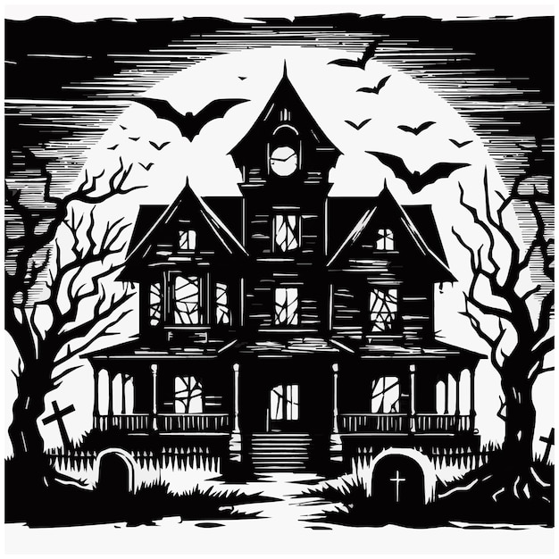 a black and white drawing of a haunted house with a scary scary tree in the background