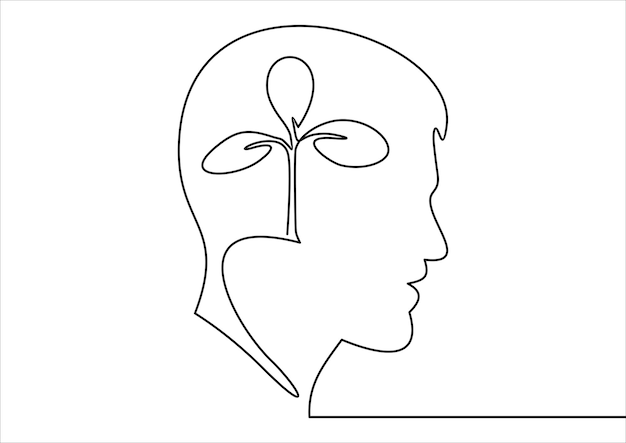 A black and white drawing of a head with a plant growing out of it.