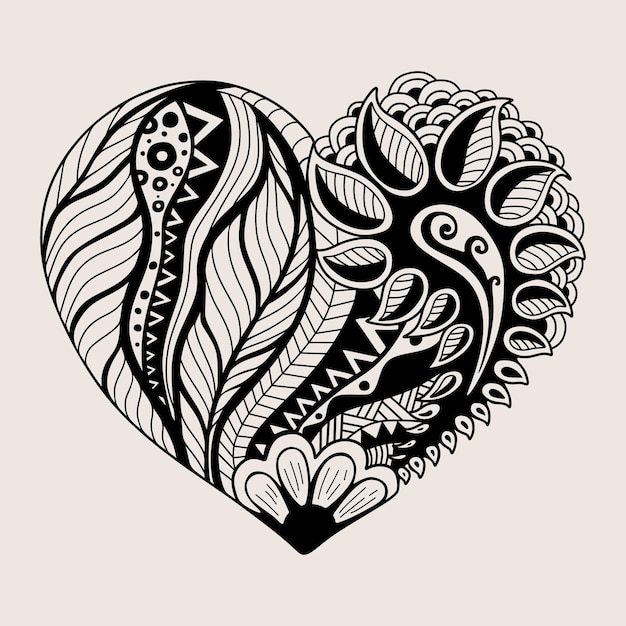 A black and white drawing of a heart with a flower in the middle.