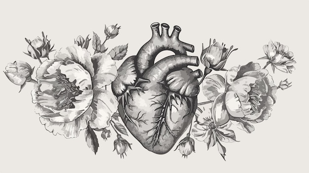 Vector a black and white drawing of a heart with flowers and leaves