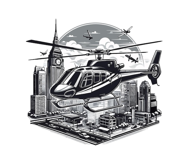 Vector a black and white drawing of a helicopter with a city in the background