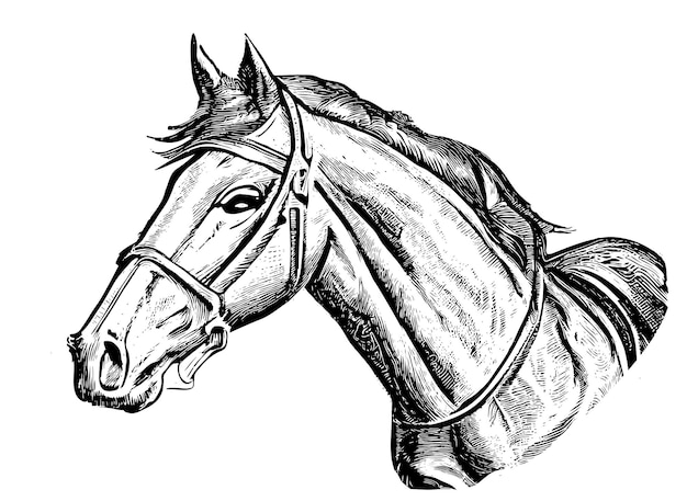 A black and white drawing of a horse head.