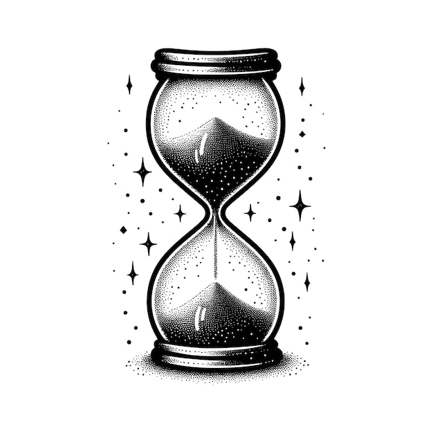 a black and white drawing of a hourglass with the words time on it