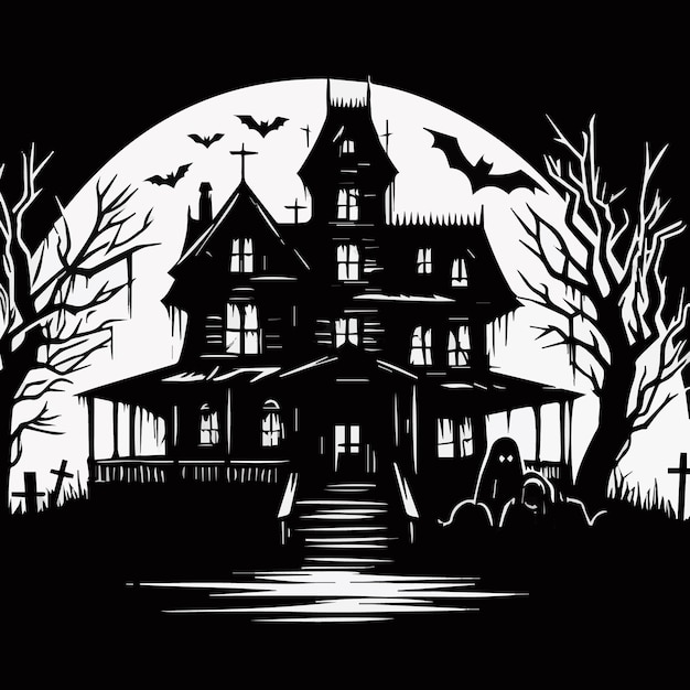 a black and white drawing of a house with bats flying in front of it