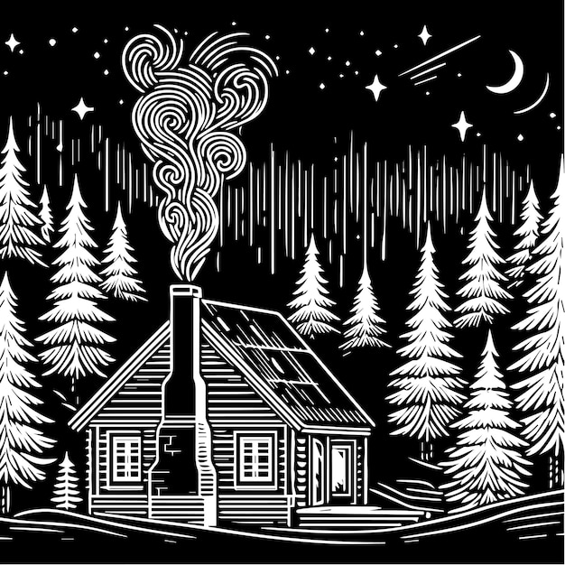 a black and white drawing of a house with a fire on the roof