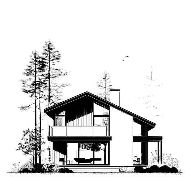 Vector a black and white drawing of a house with a large porch