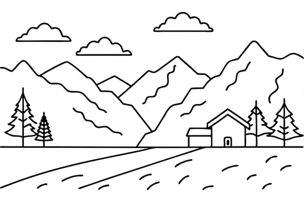 a black and white drawing of a house with mountains in the background