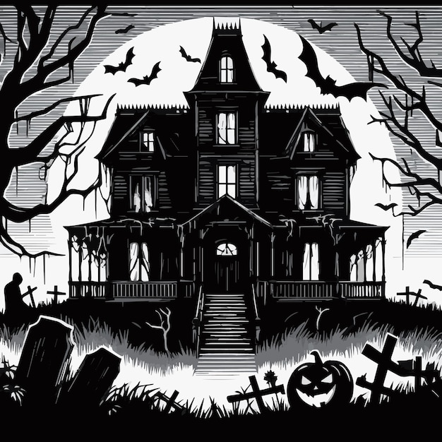 a black and white drawing of a house with a pumpkin on it