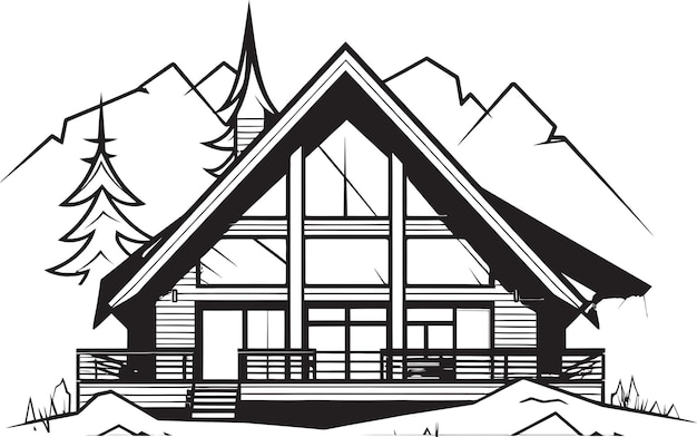 Vector a black and white drawing of a house with a snow covered mountain in the background